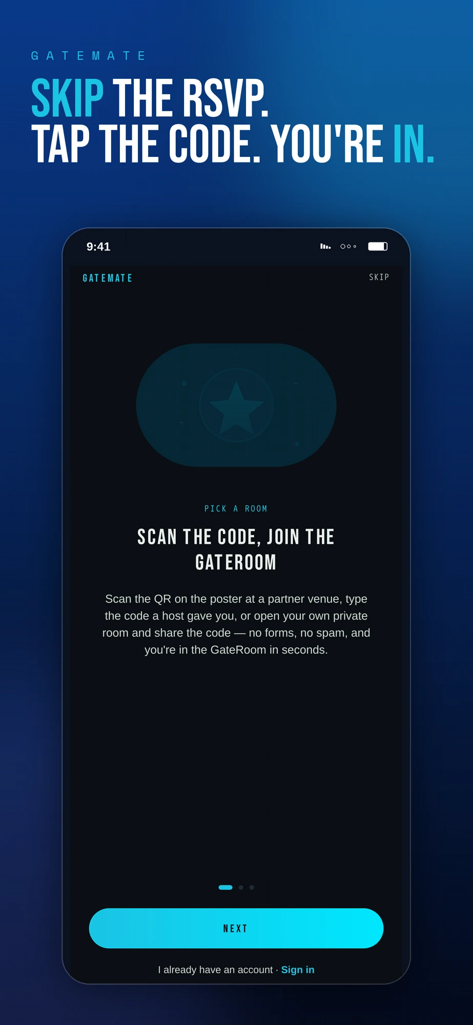 GateMate onboarding — scan the code, join the GateRoom