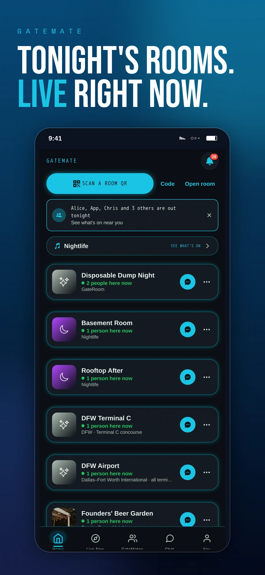 GateMate home feed with tonight's live rooms