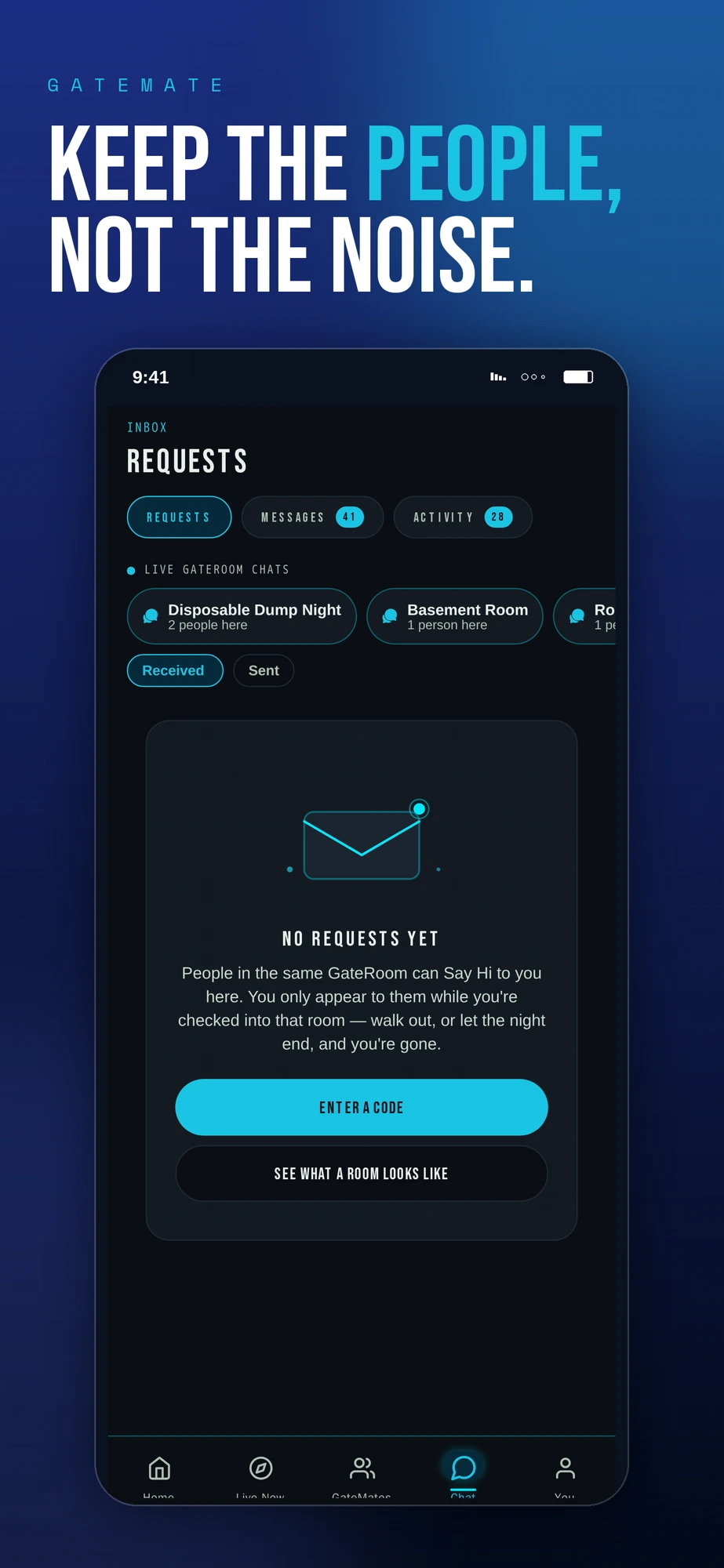 GateMate chat inbox with live GateRoom chats and Say Hi requests