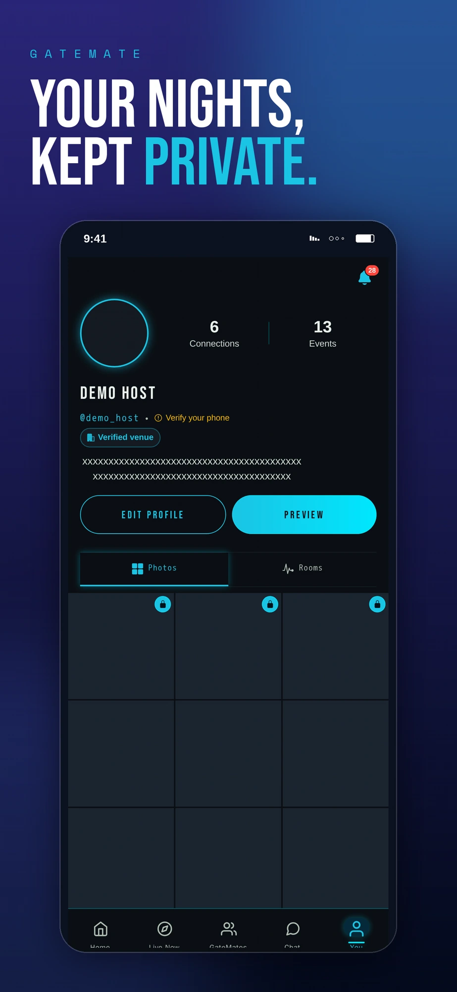 GateMate profile with connections and private nights history