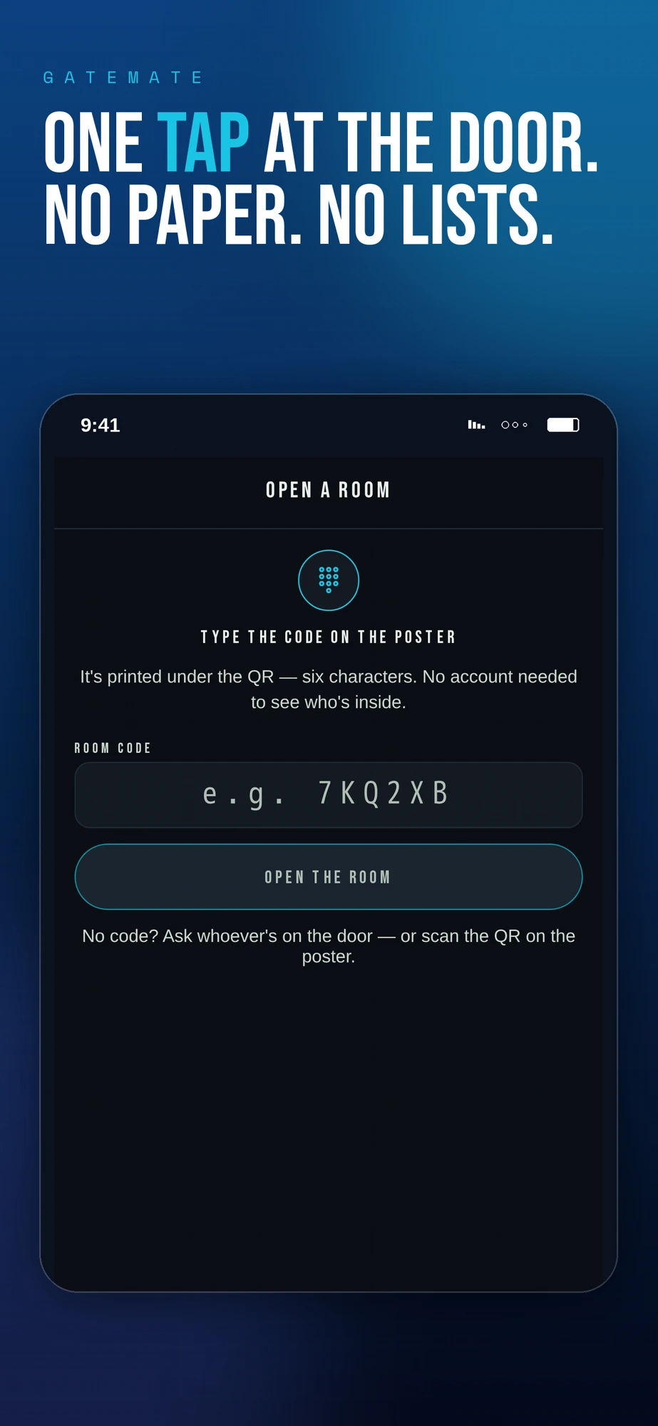 Open a Room — type the six-character code from the poster