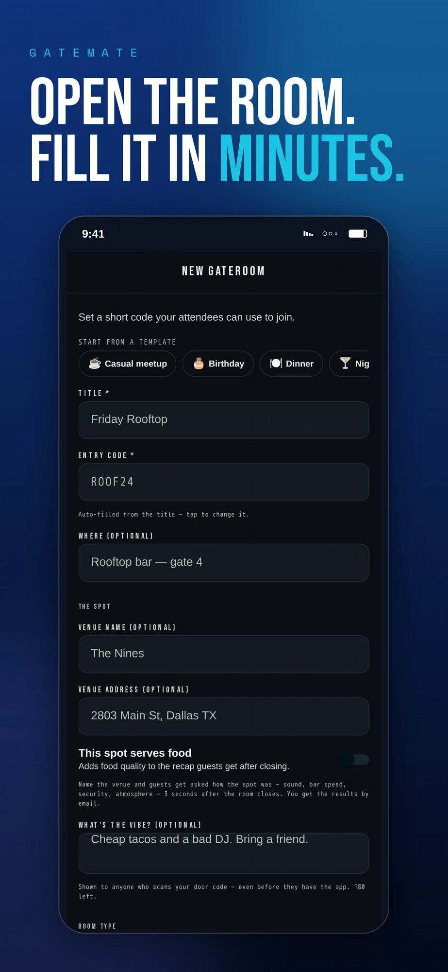 New GateRoom setup — title, entry code, venue and vibe