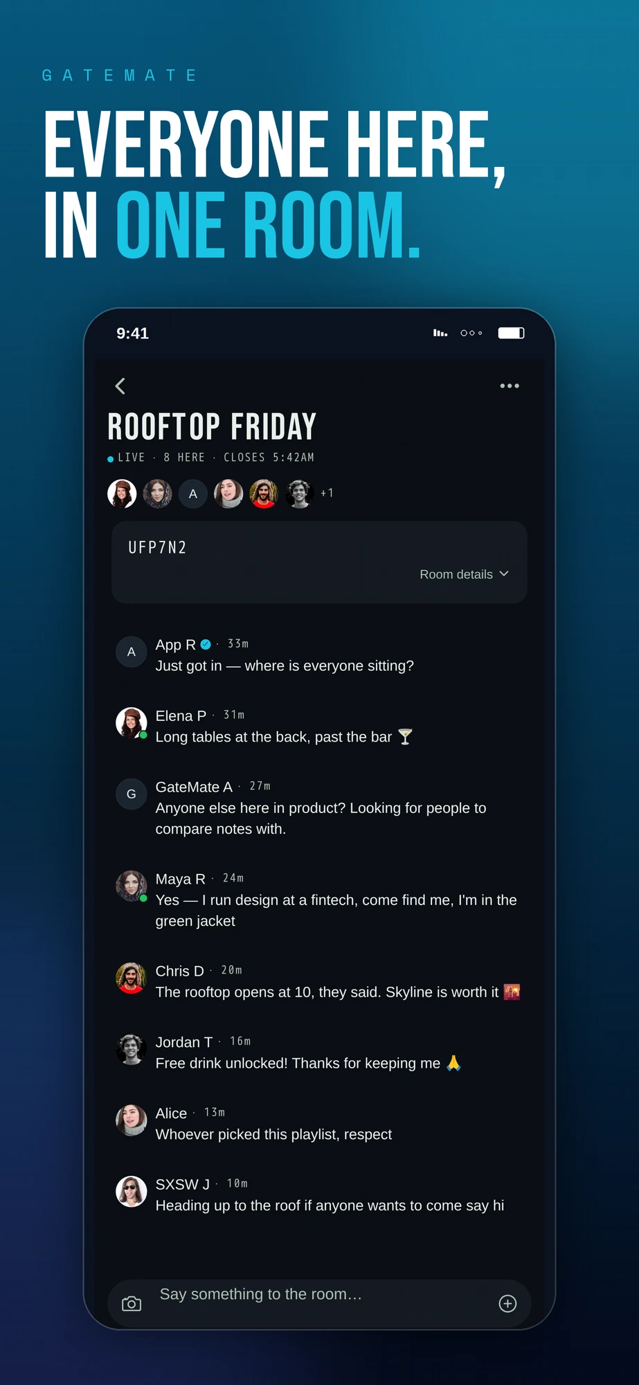 Live GateRoom chat with everyone who's checked in
