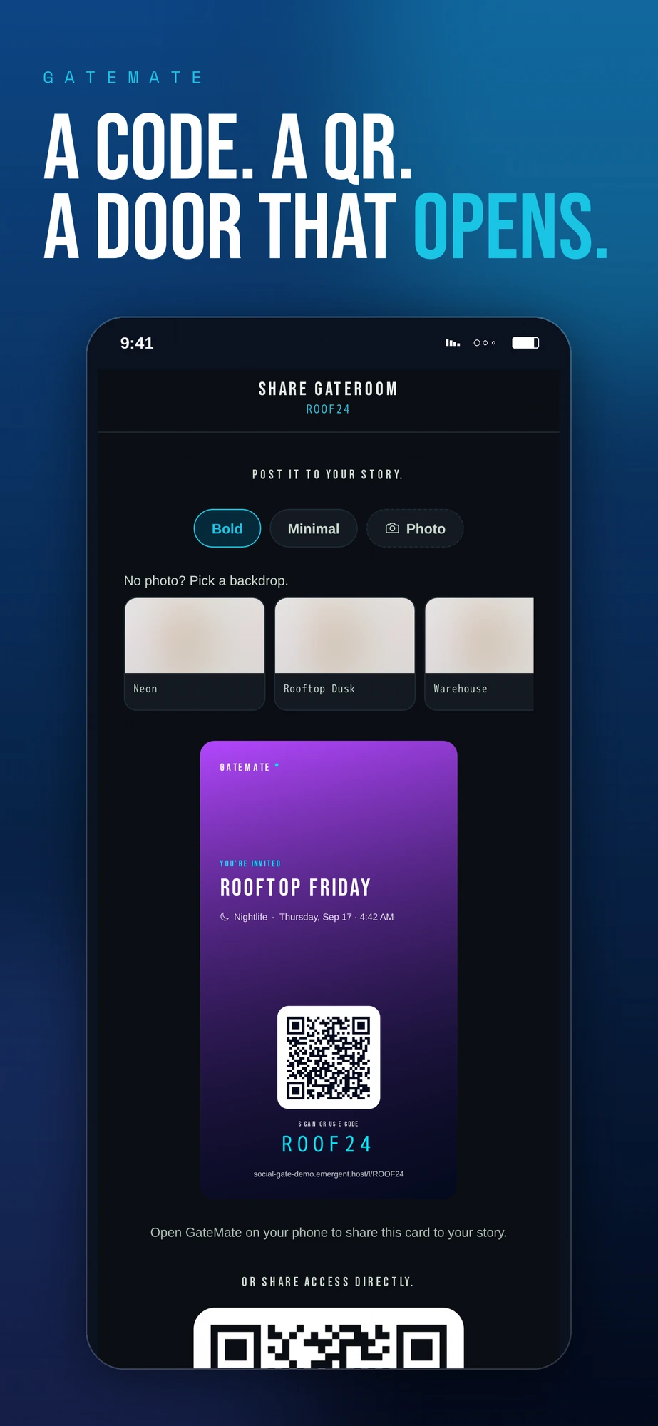 Share GateRoom — story card with QR and room code