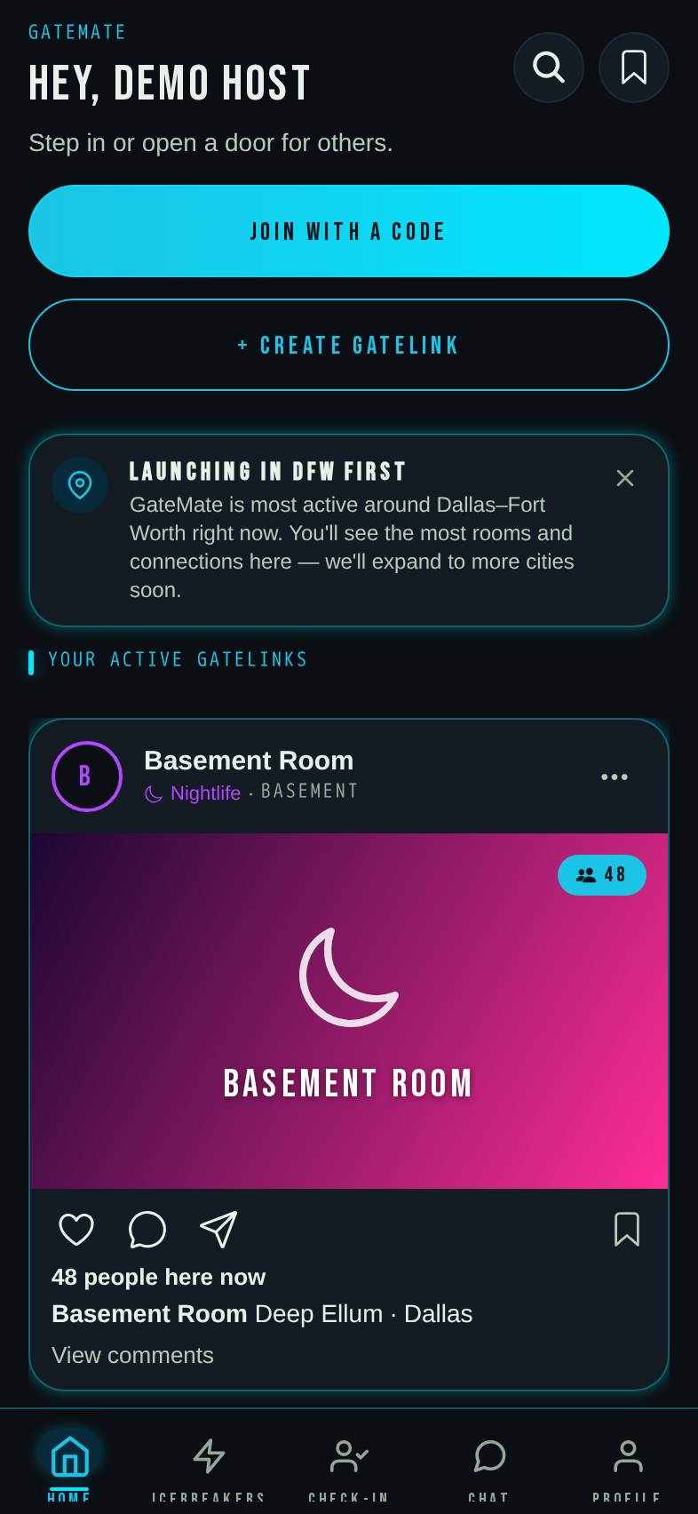 GateMate home feed with active GateLinks