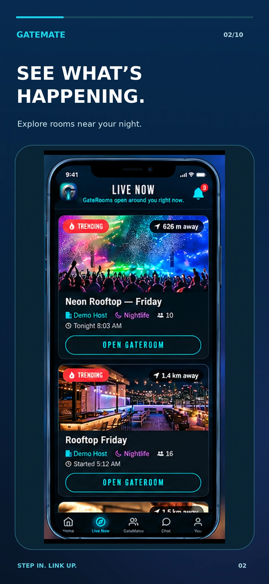Live Now — public GateRooms near you with distance and trending