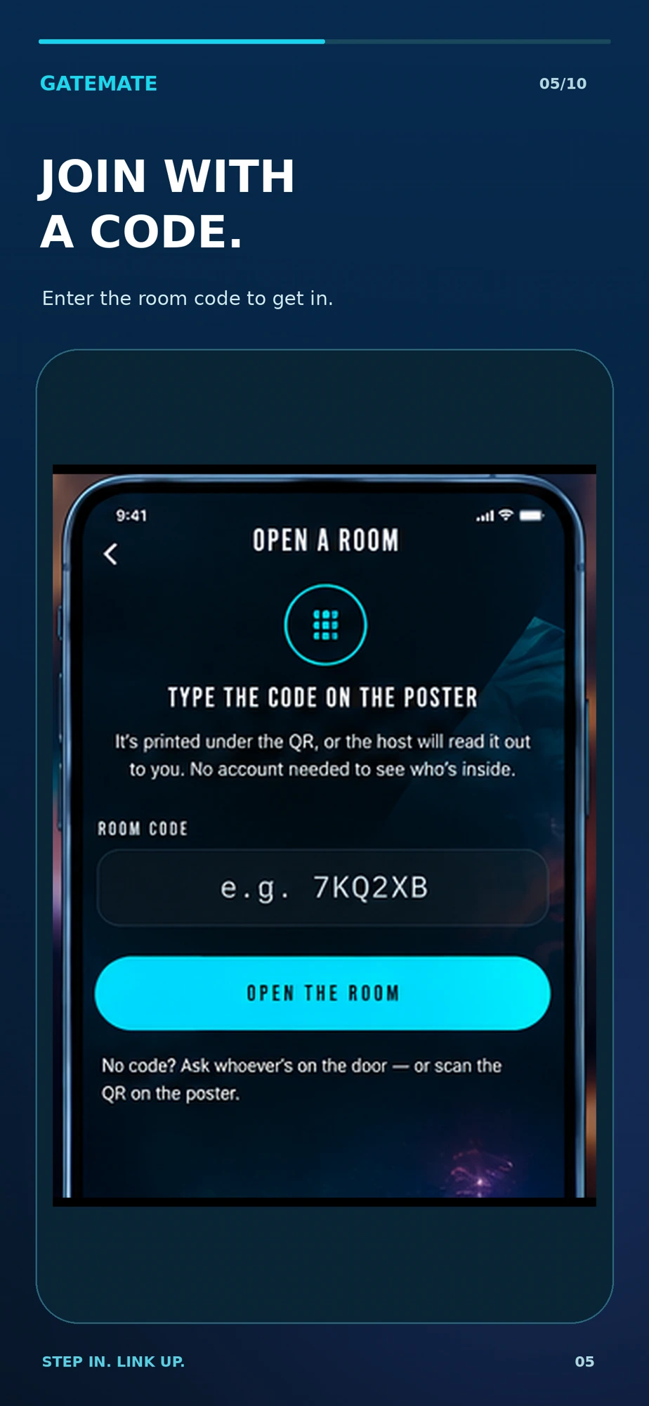 Open a Room — type the six-character code from the poster