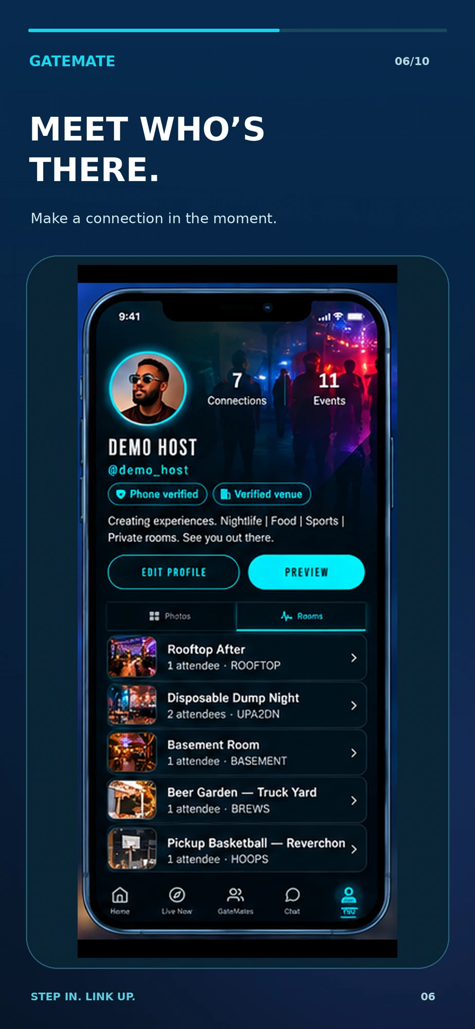 Member profile with photo, bio, links and hosted rooms