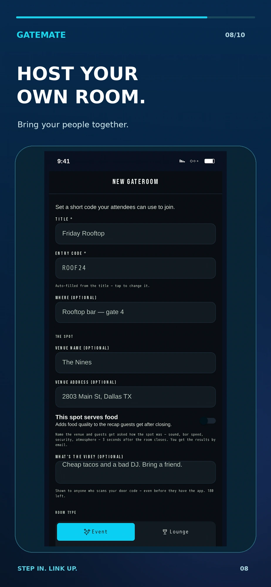New GateRoom setup — title, entry code, venue and vibe
