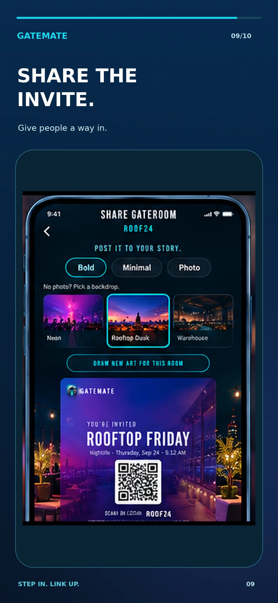 Share GateRoom — story card with QR, code and backdrops