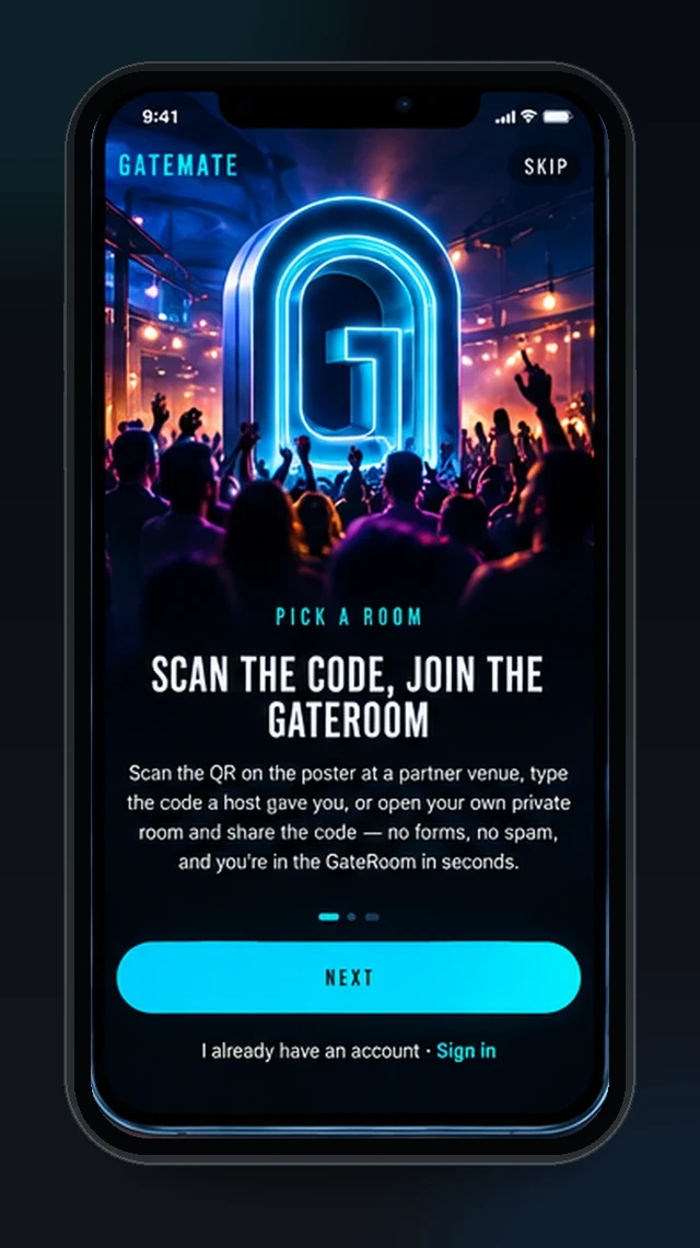 GateMate onboarding — scan the code, join the GateRoom