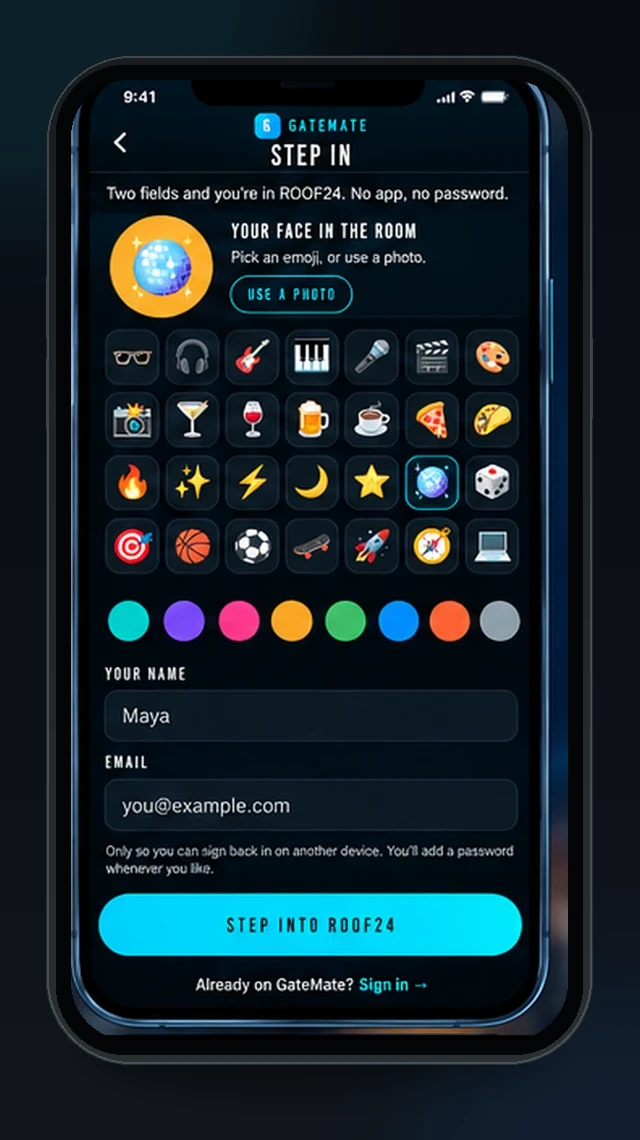 Step In — pick an emoji or photo, no account needed