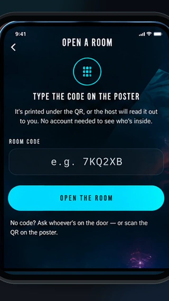Open a Room — type the six-character code from the poster