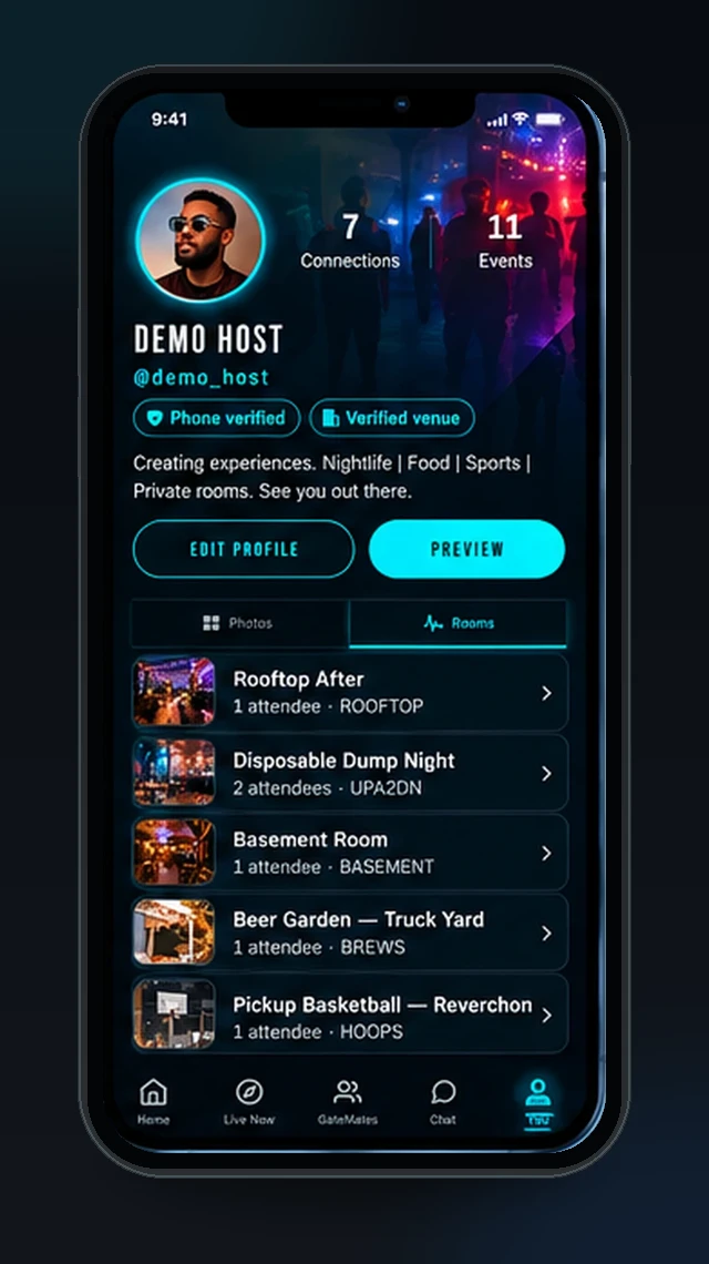 Member profile with photo, bio, links and hosted rooms