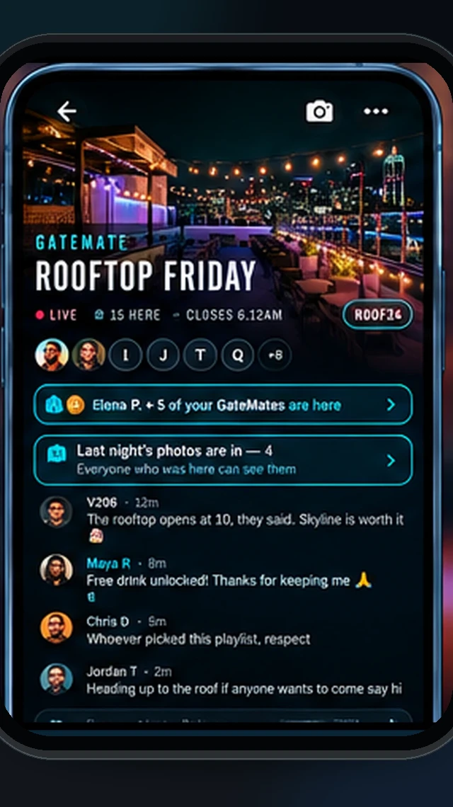 Live GateRoom with banner art, photos banner and room chat