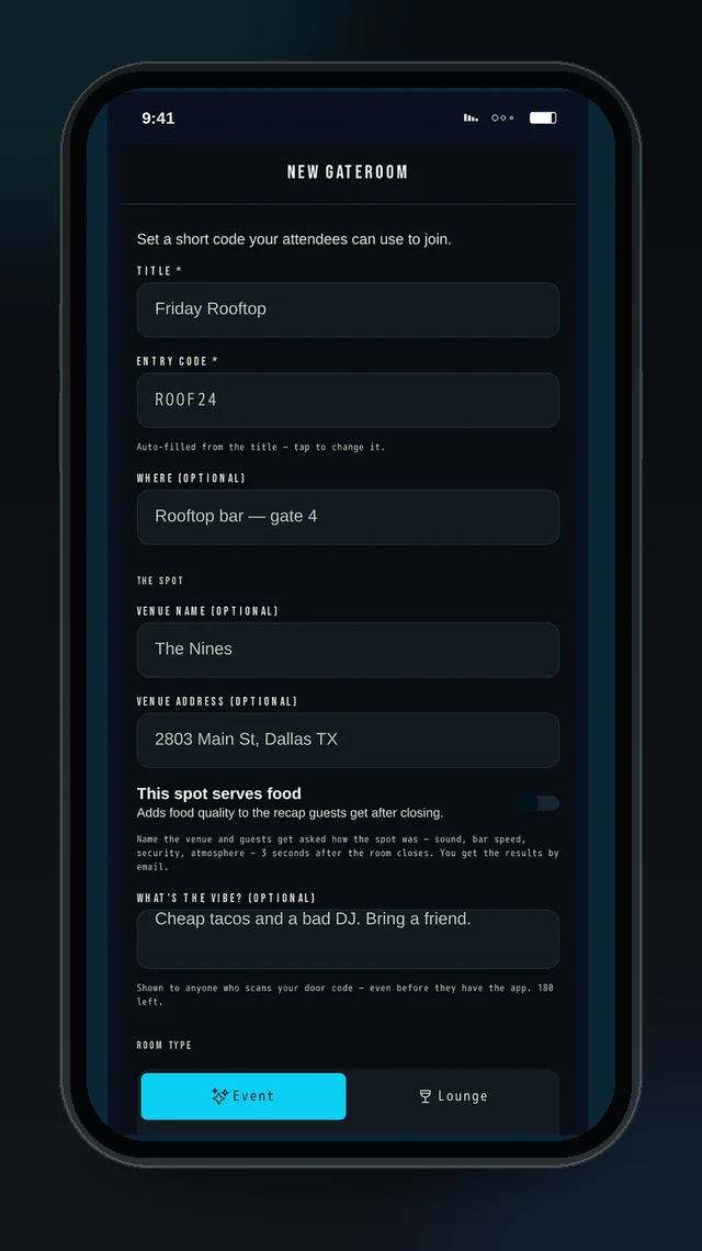 New GateRoom setup — title, entry code, venue and vibe