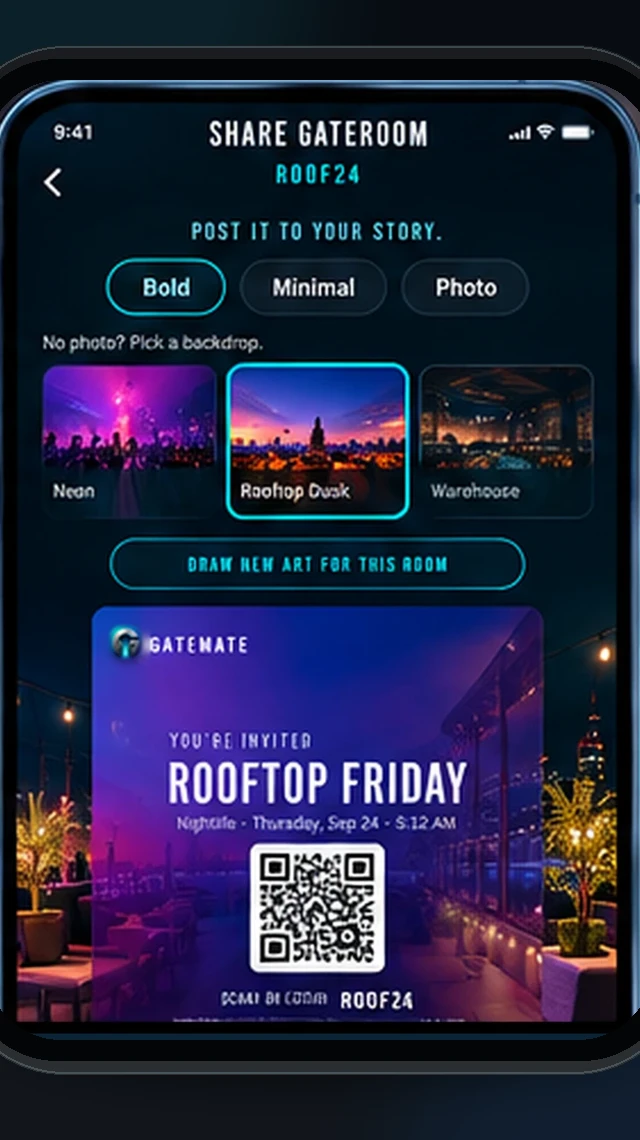 Share GateRoom — story card with QR, code and backdrops