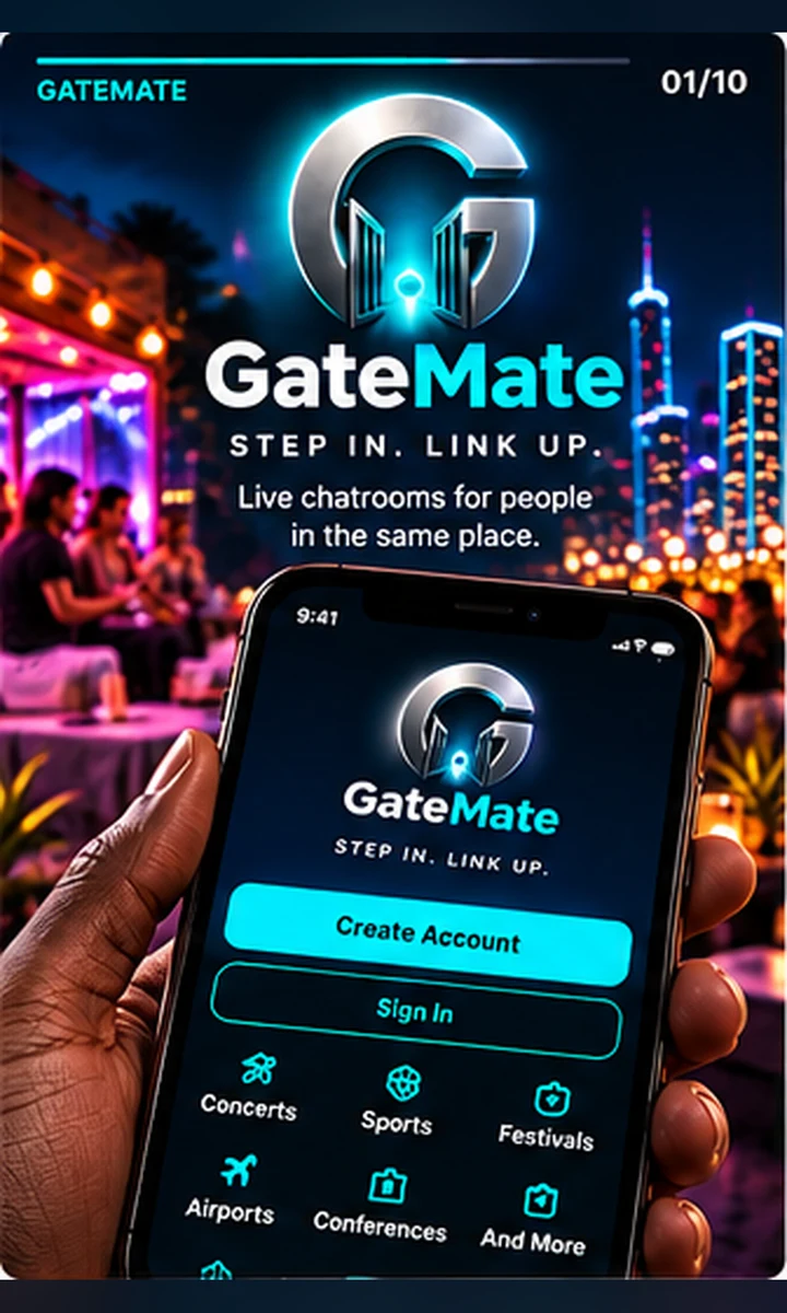 GateMate welcome — create account or sign in, with concerts, sports, festivals and airports