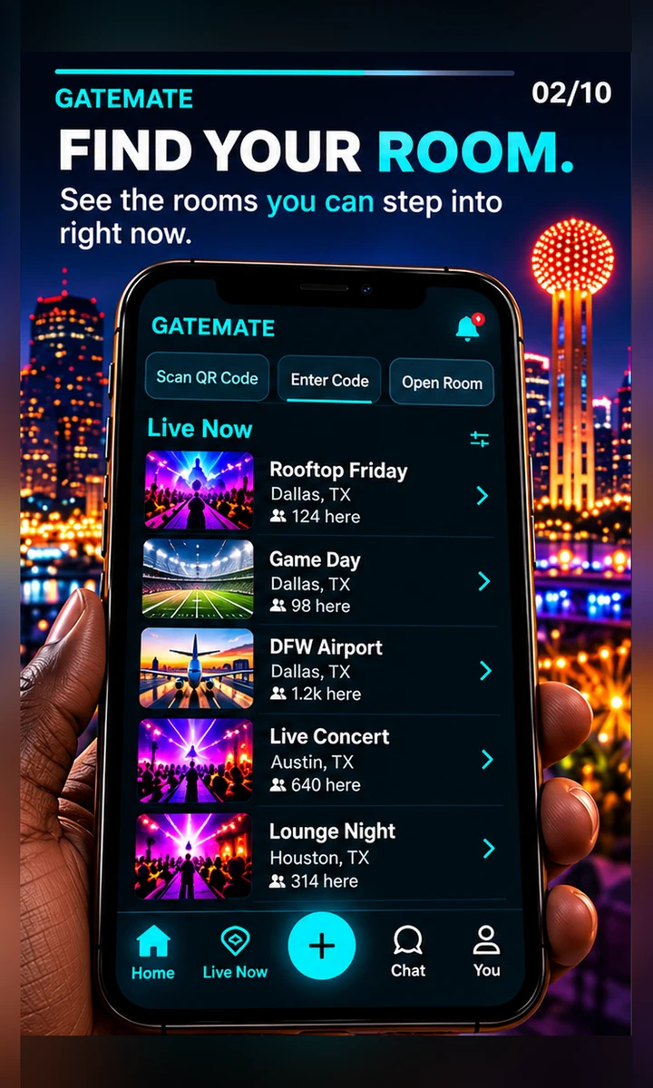 Live Now — rooms you can step into right now: Rooftop Friday in Dallas, Game Day, DFW Airport, Live Concert in Austin, Lounge Night in Houston
