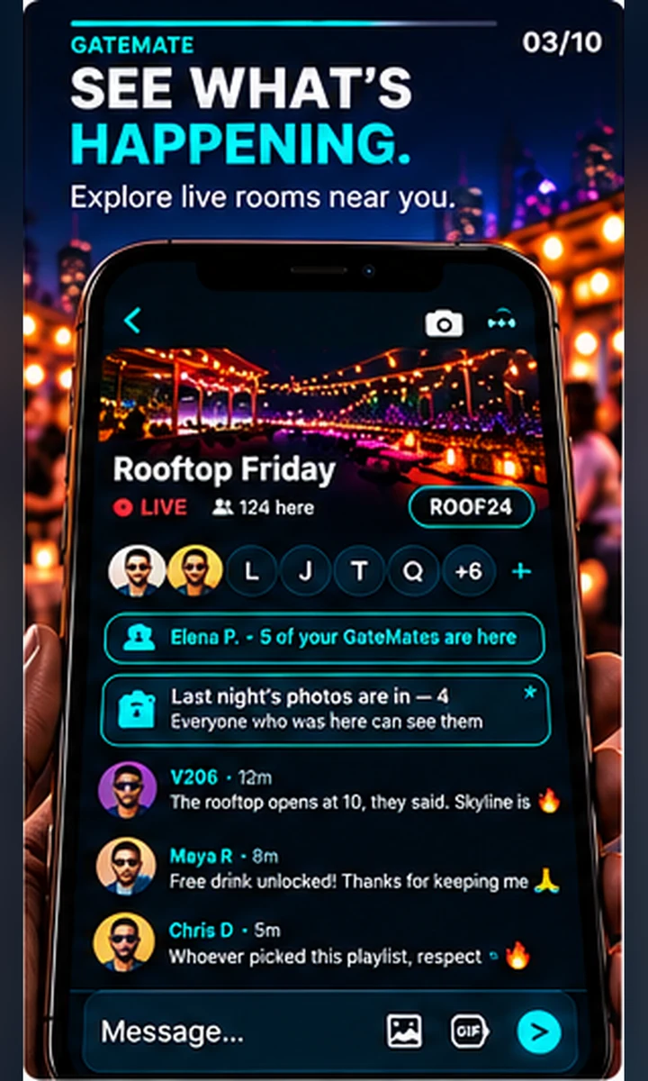 Live GateRoom — Rooftop Friday with 124 here, GateMates present and room chat