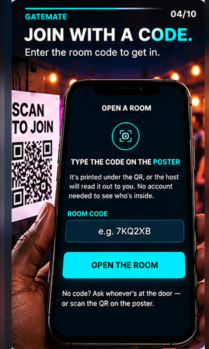 Open a Room — scan the poster QR or type the room code, no account needed