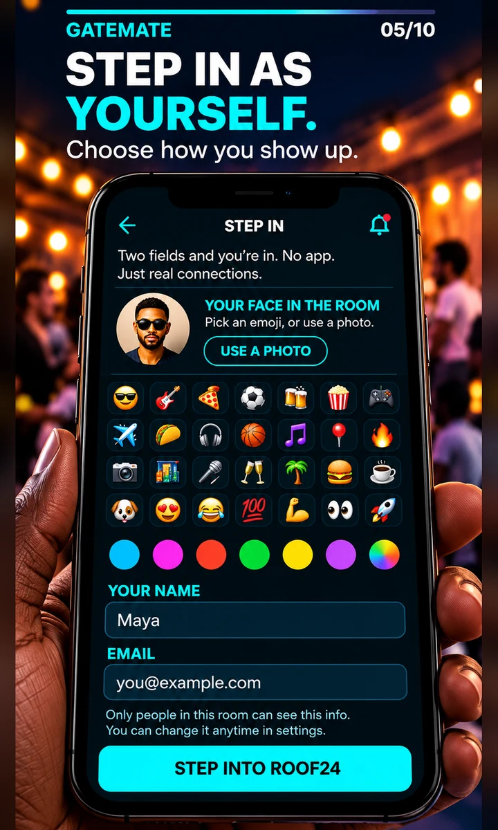 Step In — pick an emoji or a photo, add your name and email