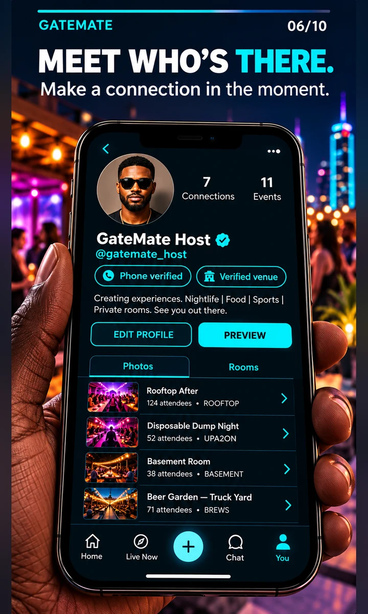 Member profile — phone-verified mark, connections and hosted rooms