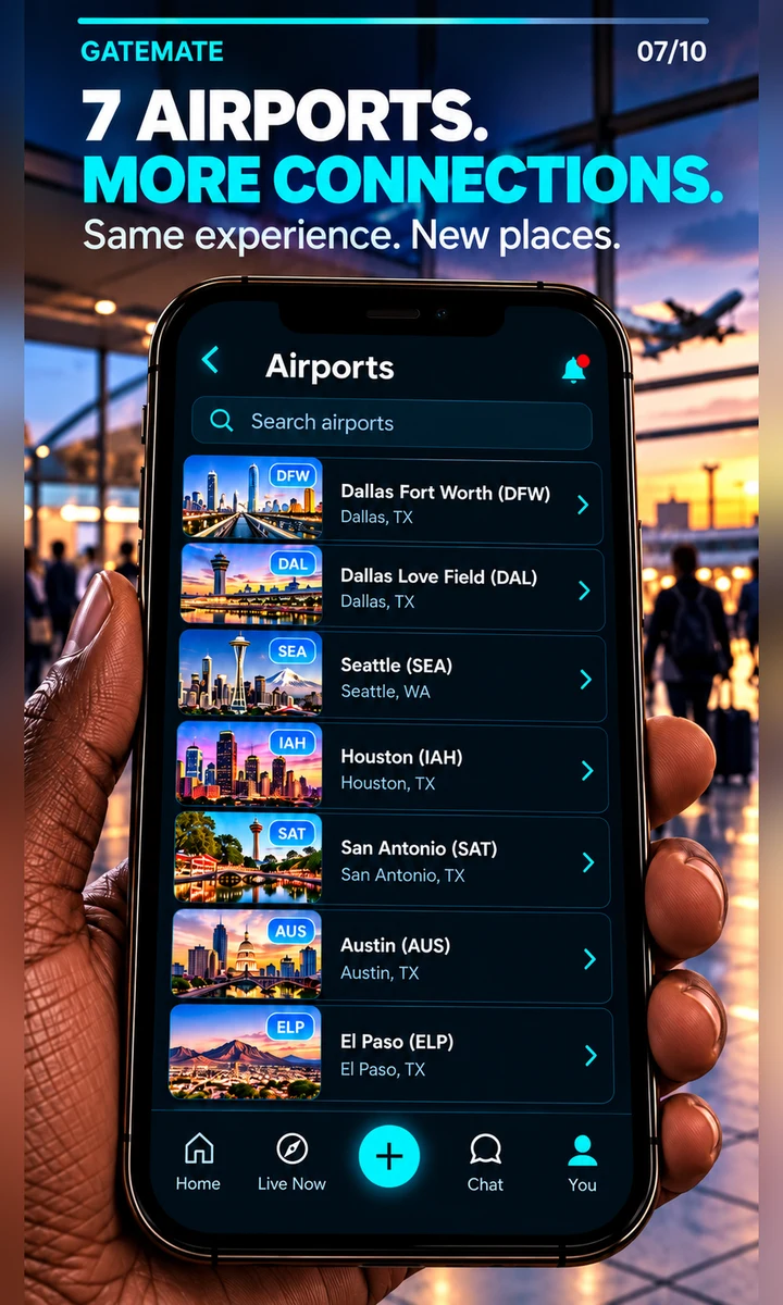 Airports — Dallas Fort Worth, Dallas Love Field, Seattle, Houston, San Antonio, Austin and El Paso, each with city and state