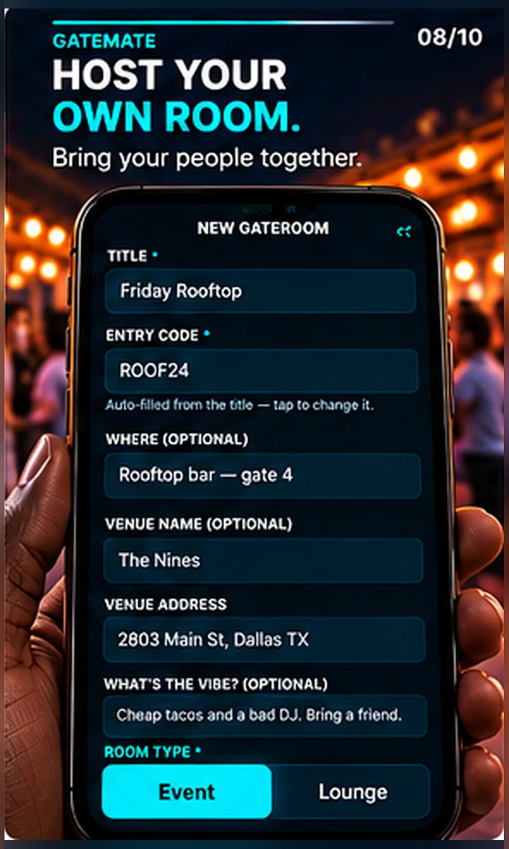 New GateRoom — title, entry code, where, vibe and room type