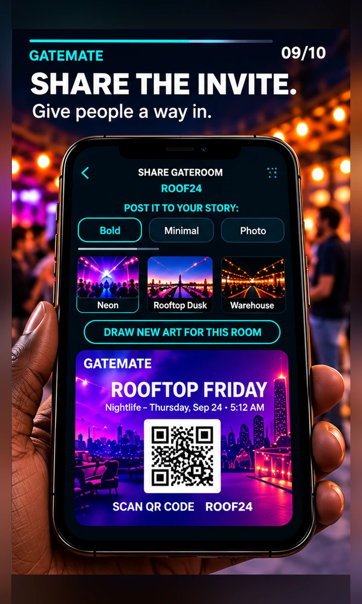 Share GateRoom — post the ROOF24 invite to your story in Bold, Minimal or Photo style, QR code included